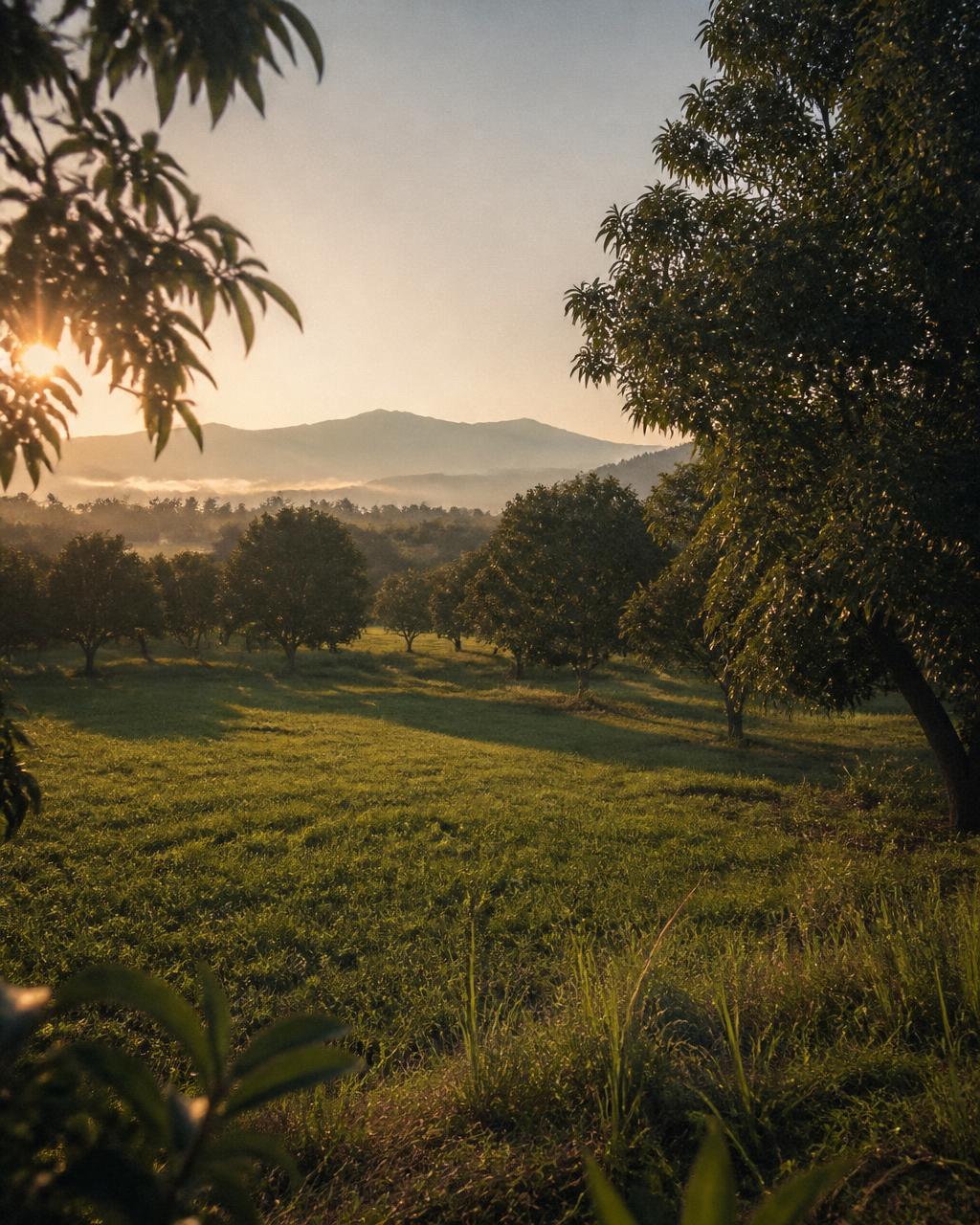Golden hour over a one acre farmland parcel with a modest countryside cottage in the distance
