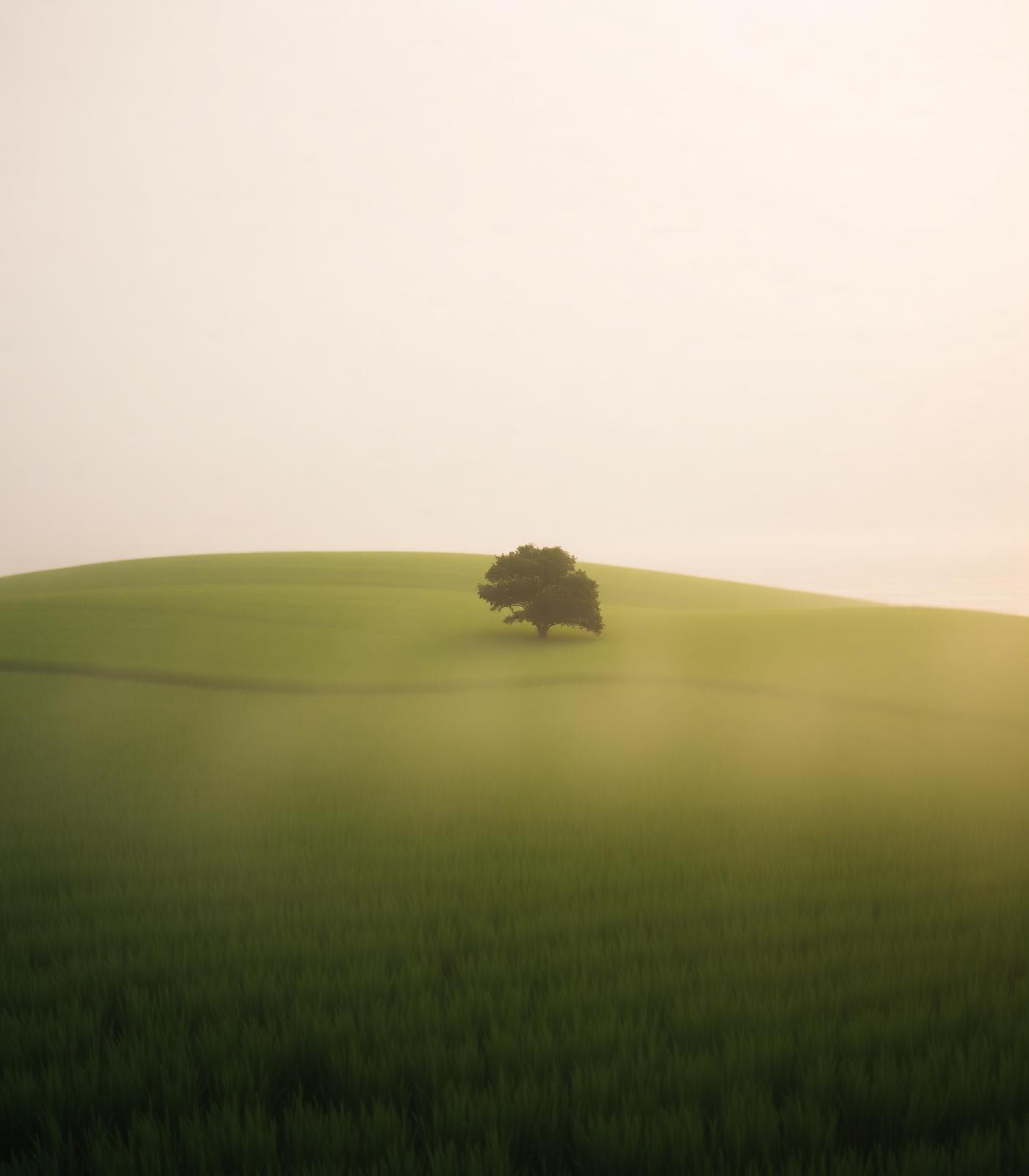 Lone tree on a misty green hill